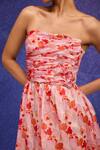 Tara And I_Red Silk Organza Ruffles Bandeau Neck Aquarelle Print Gathered Tube Dress _Online_at_Aza_Fashions