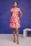 Shop_Tara And I_Red Silk Organza Ruffles Round , Keyhole Aquarelle Print Dress _Online_at_Aza_Fashions