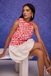 Tara And I_Red Silk Organza Ruffles Round Neck Aquarelle Print Top _Online_at_Aza_Fashions