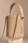 Shop_Tara And I_Cream Rhinestones, Chains Creme Intermesh Bucket Bag _at_Aza_Fashions