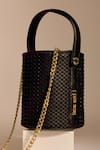 Shop_Tara And I_Black Rhinestones, Studs Intermesh Bucket Bag _at_Aza_Fashions