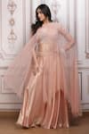 Buy_Mandira Wirk Resort_Peach Lurex, Georgette Beads, Embroidery Round Neck, Keyhole Cape Lehenga Set _at_Aza_Fashions