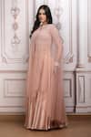Shop_Mandira Wirk Resort_Peach Lurex, Georgette Beads, Embroidery Round Neck, Keyhole Cape Lehenga Set _Online_at_Aza_Fashions