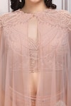 Mandira Wirk Resort_Peach Lurex, Georgette Beads, Embroidery Round Neck, Keyhole Cape Lehenga Set _at_Aza_Fashions