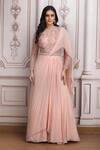 Mandira Wirk Resort_Peach Chiffon Embroidery, Sequins, Beads Round Neck Saree Gown _Online_at_Aza_Fashions