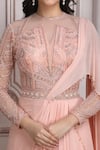 Shop_Mandira Wirk Resort_Peach Chiffon Embroidery, Sequins, Beads Round Neck Saree Gown _Online_at_Aza_Fashions