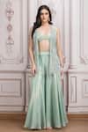 Buy_Mandira Wirk Resort_Aqua Lurex, Georgette Beads, Sequins Open Embellished Sheer Jacket Palazzo Set _at_Aza_Fashions