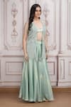 Buy_Mandira Wirk Resort_Aqua Lurex, Georgette Beads, Sequins Open Embellished Sheer Jacket Palazzo Set _Online_at_Aza_Fashions