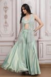 Shop_Mandira Wirk Resort_Aqua Lurex, Georgette Beads, Sequins Open Embellished Sheer Jacket Palazzo Set _Online_at_Aza_Fashions