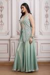 Mandira Wirk Resort_Aqua Lurex, Georgette Beads, Sequins Open Embellished Sheer Jacket Palazzo Set _at_Aza_Fashions