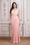 Buy_Mandira Wirk Resort_Peach Chiffon Beads, Sequins, Pearls Pre-draped Saree With Embellished Blouse _Online_at_Aza_Fashions