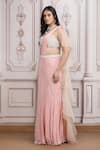 Shop_Mandira Wirk Resort_Peach Chiffon Beads, Sequins, Pearls Pre-draped Saree With Embellished Blouse _Online_at_Aza_Fashions