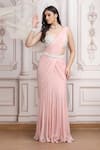 Buy_Mandira Wirk Resort_Peach Chiffon Beads, Sequins, Pearls Pre-draped Saree With Embellished Blouse _at_Aza_Fashions
