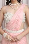Mandira Wirk Resort_Peach Chiffon Beads, Sequins, Pearls Pre-draped Saree With Embellished Blouse _at_Aza_Fashions