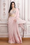 Buy_Mandira Wirk Resort_Pink Georgette Sequins, Beads, Zari, Embroidery, Pre-draped Saree With Blouse _at_Aza_Fashions
