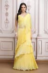 Buy_Mandira Wirk Resort_Yellow Chiffon Embroidery, Beads, Sequins, Ruffle Pre-draped Lehenga Saree Set _at_Aza_Fashions