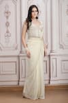 Buy_Mandira Wirk Resort_Ivory Jersey Sequins, Beads, Embellished Corset Blouse And Pre-draped Saree Set _Online_at_Aza_Fashions