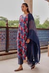 Vaayu_Blue Muslin, Cotton Tassels V-neck Indigo Bloom Kurta Set _Online_at_Aza_Fashions