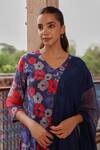Buy_Vaayu_Blue Muslin, Cotton Tassels V-neck Indigo Bloom Kurta Set _Online_at_Aza_Fashions