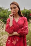 Vaayu_Pink Muslin, Cotton Embroidery V-neck, Collared Rosewood Bloom Dress _Online_at_Aza_Fashions