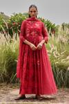 Buy_Vaayu_Pink Muslin, Cotton Embroidery, Applique, Rosewood Bloom Anarkali With Dupatta _at_Aza_Fashions
