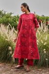 Buy_Vaayu_Pink Muslin, Cotton Round Neck Rosewood Bloom Kurta And Pant Set _at_Aza_Fashions