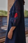 Vaayu_Blue Muslin, Cotton Tassels V-neck Indigo Bloom Pintuck Dress _Online_at_Aza_Fashions
