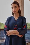 Shop_Vaayu_Blue Muslin, Cotton Tassels V-neck Indigo Bloom Pintuck Dress _Online_at_Aza_Fashions