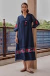 Buy_Vaayu_Blue Muslin, Cotton Tassels V-neck Indigo Bloom Pintuck Dress _at_Aza_Fashions