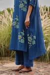 Vaayu_Blue Muslin, Cotton Applique, Embroidery, Tassels Split Indigo Bloom Kurta Set _Online_at_Aza_Fashions