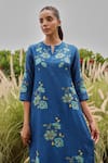 Shop_Vaayu_Blue Muslin, Cotton Applique, Embroidery, Tassels Split Indigo Bloom Kurta Set _Online_at_Aza_Fashions
