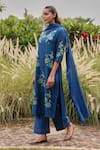 Vaayu_Blue Muslin, Cotton Applique, Embroidery, Tassels Split Indigo Bloom Kurta Set _at_Aza_Fashions