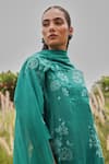 Vaayu_Teal Muslin, Cotton Applique, Embroidery, Tassels Split V-neck Kurta Set _Online_at_Aza_Fashions