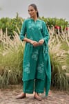 Buy_Vaayu_Teal Muslin, Cotton Applique, Embroidery, Tassels Split V-neck Kurta Set _at_Aza_Fashions