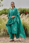 Shop_Vaayu_Teal Muslin, Cotton Applique, Embroidery, Tassels Split V-neck Kurta Set _Online_at_Aza_Fashions