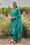 Vaayu_Teal Muslin, Cotton Applique, Embroidery, Tassels Split V-neck Kurta Set _at_Aza_Fashions