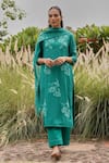 Buy_Vaayu_Teal Muslin, Cotton Applique, Embroidery, Tassels Split V-neck Kurta Set 