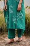 Shop_Vaayu_Teal Muslin, Cotton Applique, Embroidery, Tassels Split V-neck Kurta Set 