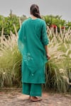 Shop_Vaayu_Teal Muslin, Cotton Applique, Embroidery, Tassels Split V-neck Kurta Set _at_Aza_Fashions