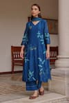 Buy_Vaayu_Blue Muslin, Cotton Applique, Embroidery V-neck Indigo Bloom Kurta Set _at_Aza_Fashions