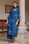 Buy_Vaayu_Blue Muslin, Cotton Applique, Embroidery V-neck Indigo Bloom Kurta Set _Online_at_Aza_Fashions