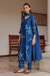 Shop_Vaayu_Blue Muslin, Cotton Applique, Embroidery V-neck Indigo Bloom Kurta Set _Online_at_Aza_Fashions