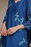 Vaayu_Blue Muslin, Cotton Applique, Embroidery V-neck Indigo Bloom Kurta Set _at_Aza_Fashions