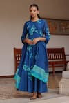 Buy_Vaayu_Blue Muslin, Cotton Applique Round Neck Indigo Bloom Anarkali With Dupatta _at_Aza_Fashions