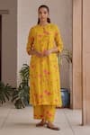 Buy_Vaayu_Yellow Muslin, Cotton Embroidery, Applique Round Canary Bloom Kurta And Pant Set _at_Aza_Fashions