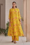 Vaayu_Yellow Muslin, Cotton Embroidery, Applique Round Canary Bloom Kurta And Pant Set _at_Aza_Fashions