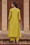 Shop_Vaayu_Yellow Muslin, Cotton Applique, Embroidery Citrine Bloom Kurta And Pant Set _at_Aza_Fashions