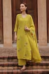 Buy_Vaayu_Yellow Muslin, Cotton Embroidery, Applique, Tassels Citrine Bloom Kurta Set _at_Aza_Fashions