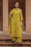 Shop_Vaayu_Yellow Muslin, Cotton Embroidery, Applique, Tassels Citrine Bloom Kurta Set 