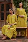 Vaayu_Yellow Muslin, Cotton Embroidery, Applique, Tassels Citrine Bloom Kurta Set _Online